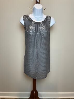 LOFT Gray Sheer Pleated Neck Floral Trim Polka Dot Sleeveless Top Size XL